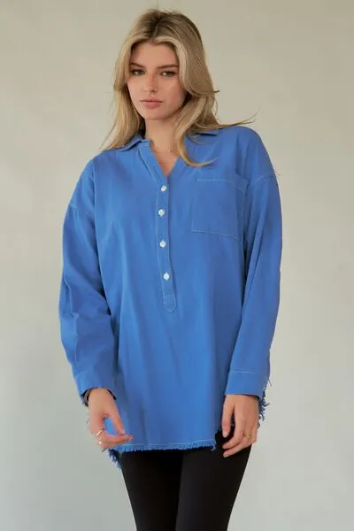 Hazel Blues® |  Davi & Dani Letter Back Raw Hem Half Button Shirt