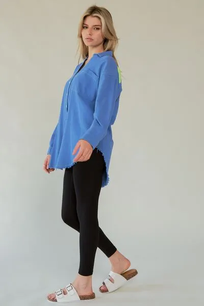 Hazel Blues® |  Davi & Dani Letter Back Raw Hem Half Button Shirt