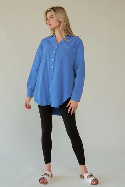 Hazel Blues® |  Davi & Dani Letter Back Raw Hem Half Button Shirt