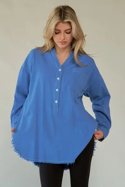Hazel Blues® |  Davi & Dani Letter Back Raw Hem Half Button Shirt