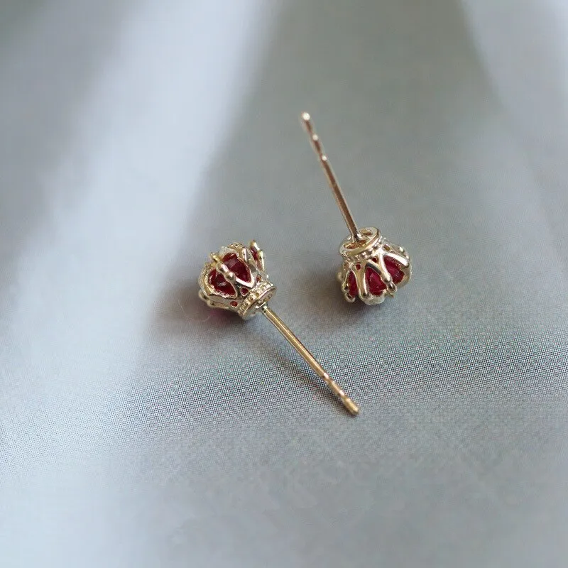 Inlaid Red Crown Stud Earrings Women 925 Sterling Silver Jewelry