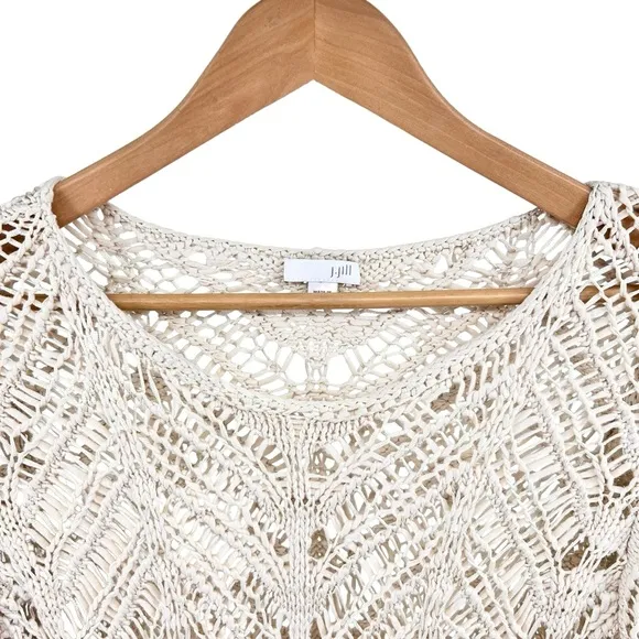J. Jill Crochet Open Stitch Sweater Medium Cream 3/4th Sleeve Beach Boho Neutral