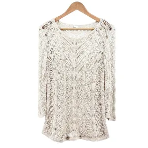 J. Jill Crochet Open Stitch Sweater Medium Cream 3/4th Sleeve Beach Boho Neutral