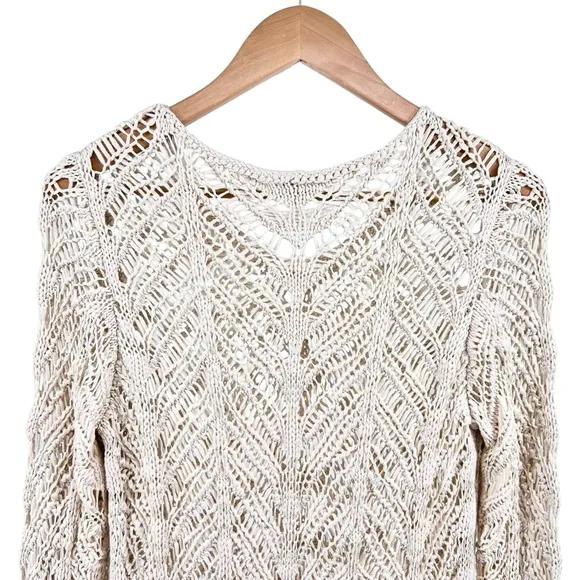 J. Jill Crochet Open Stitch Sweater Medium Cream 3/4th Sleeve Beach Boho Neutral