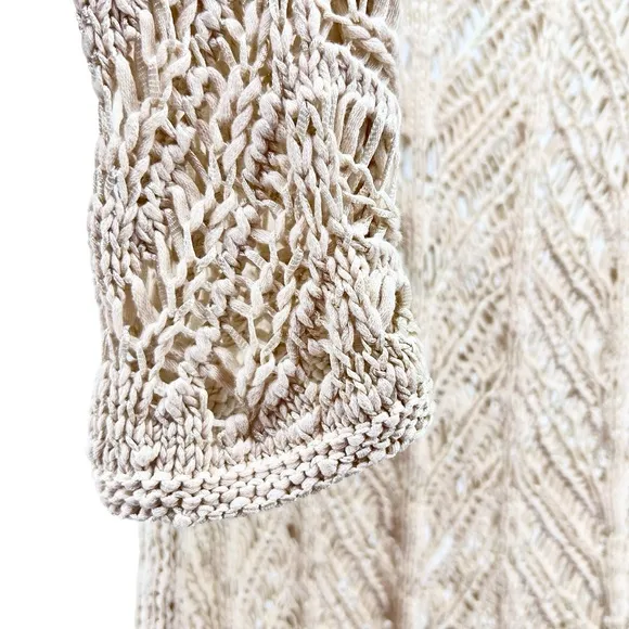 J. Jill Crochet Open Stitch Sweater Medium Cream 3/4th Sleeve Beach Boho Neutral