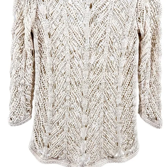 J. Jill Crochet Open Stitch Sweater Medium Cream 3/4th Sleeve Beach Boho Neutral