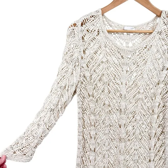 J. Jill Crochet Open Stitch Sweater Medium Cream 3/4th Sleeve Beach Boho Neutral