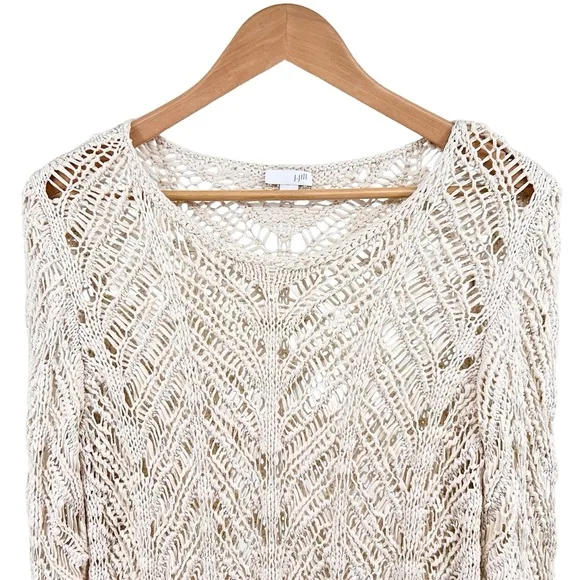 J. Jill Crochet Open Stitch Sweater Medium Cream 3/4th Sleeve Beach Boho Neutral