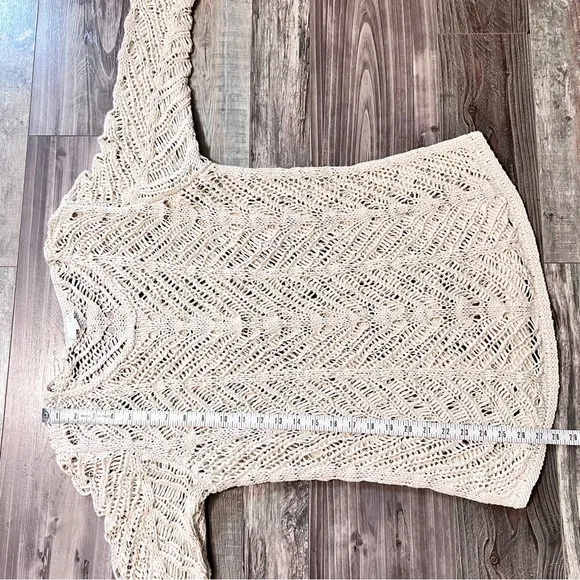J. Jill Crochet Open Stitch Sweater Medium Cream 3/4th Sleeve Beach Boho Neutral
