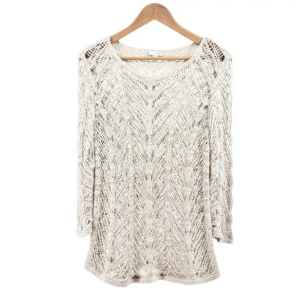 J. Jill Crochet Open Stitch Sweater Medium Cream 3/4th Sleeve Beach Boho Neutral