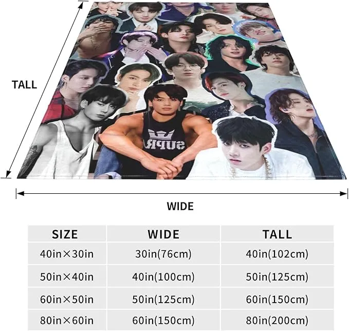 Jungkook Blanket Jeon Jung Kook Soft and Comfortable Warm Fleece Throw Full Picture of Idol Group Blankets 50"X60" Beach Blankets Gift for Dorm Room Decor Sofa Bed Camping Travel