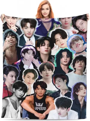 Jungkook Blanket Jeon Jung Kook Soft and Comfortable Warm Fleece Throw Full Picture of Idol Group Blankets 50"X60" Beach Blankets Gift for Dorm Room Decor Sofa Bed Camping Travel