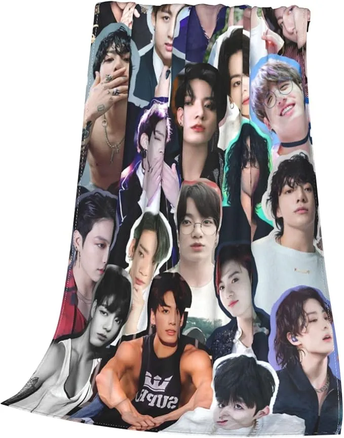 Jungkook Blanket Jeon Jung Kook Soft and Comfortable Warm Fleece Throw Full Picture of Idol Group Blankets 50"X60" Beach Blankets Gift for Dorm Room Decor Sofa Bed Camping Travel