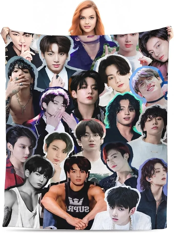 Jungkook Blanket Jeon Jung Kook Soft and Comfortable Warm Fleece Throw Full Picture of Idol Group Blankets 50"X60" Beach Blankets Gift for Dorm Room Decor Sofa Bed Camping Travel