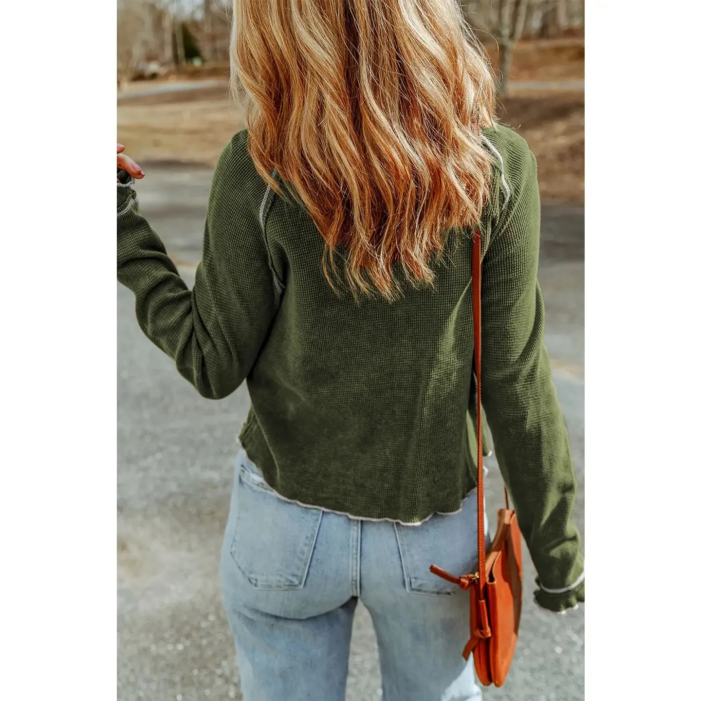 Jungle Green Waffled Round Neck Long Sleeve Top
