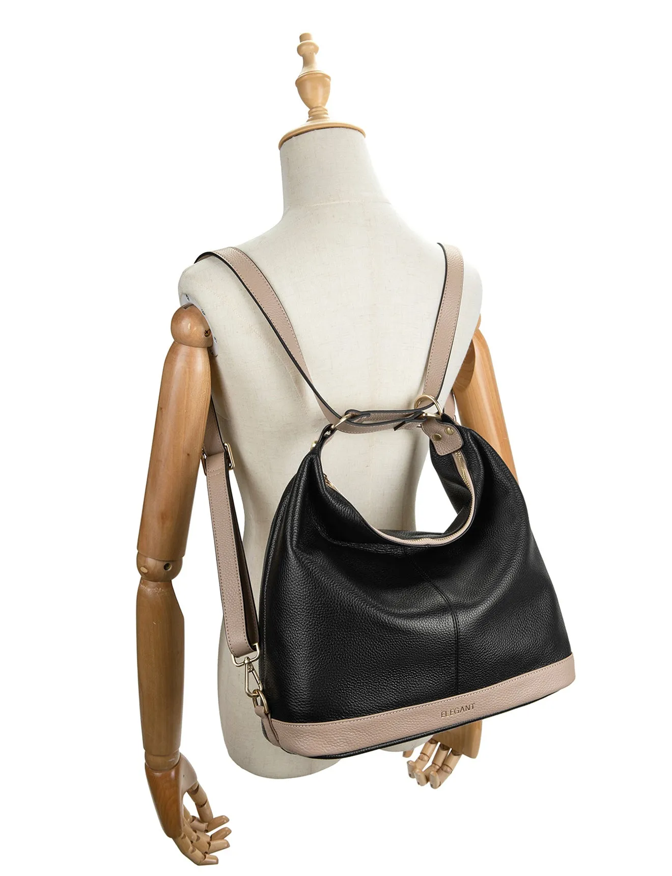 KAMILA LEATHER CONVERTIBLE BACKPACK-E1-0823-BLACK/PUTTY