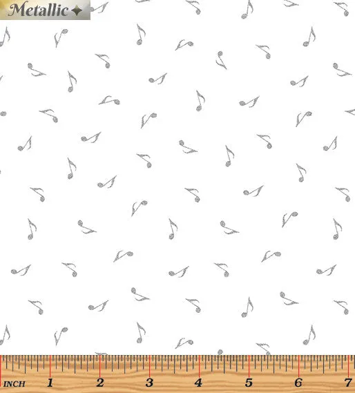 Kanvas Studio Music Notes White Silver Metallic Cotton Fabric 7723M-09-White-Silver