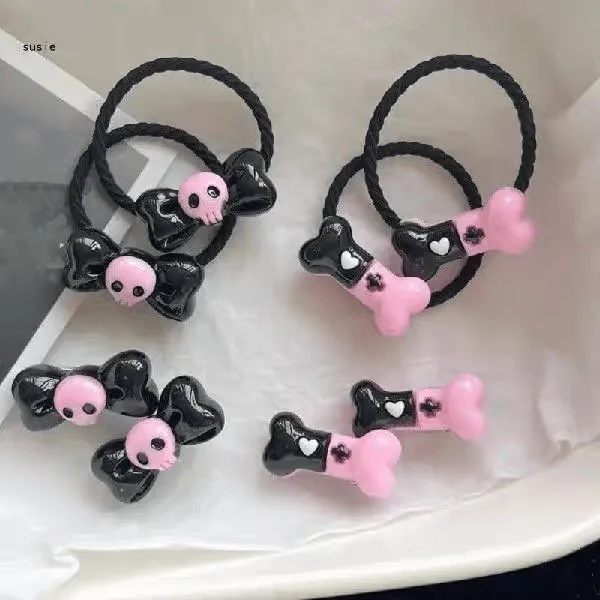 Kawaii 2 Pieces Kuromi Skull Bone Hair Clip Hair Rope Set