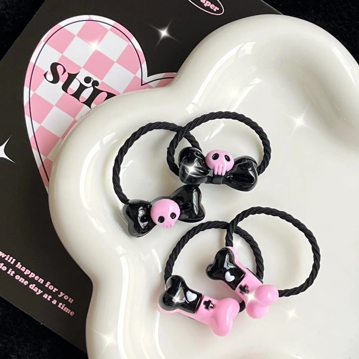 Kawaii 2 Pieces Kuromi Skull Bone Hair Clip Hair Rope Set