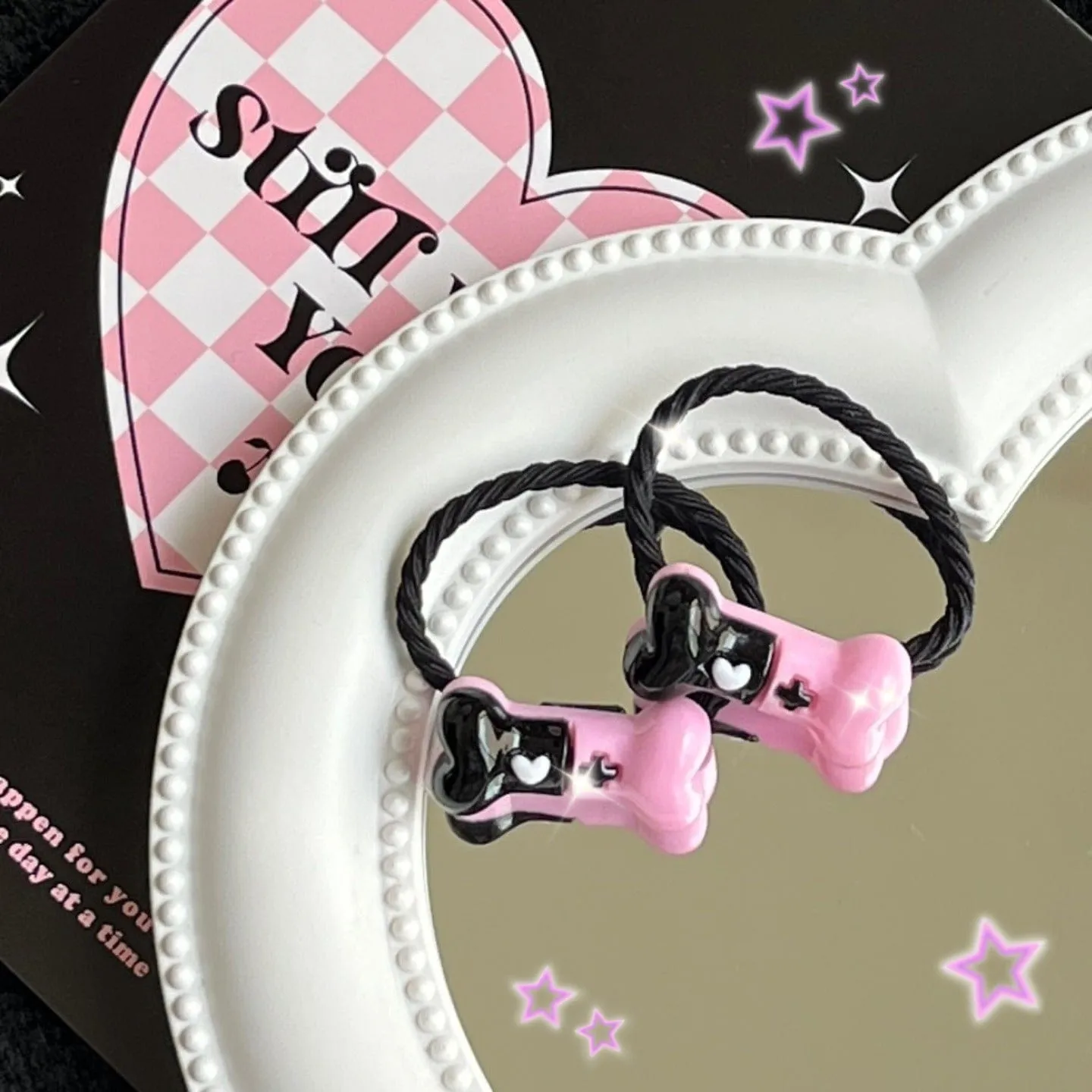 Kawaii 2 Pieces Kuromi Skull Bone Hair Clip Hair Rope Set