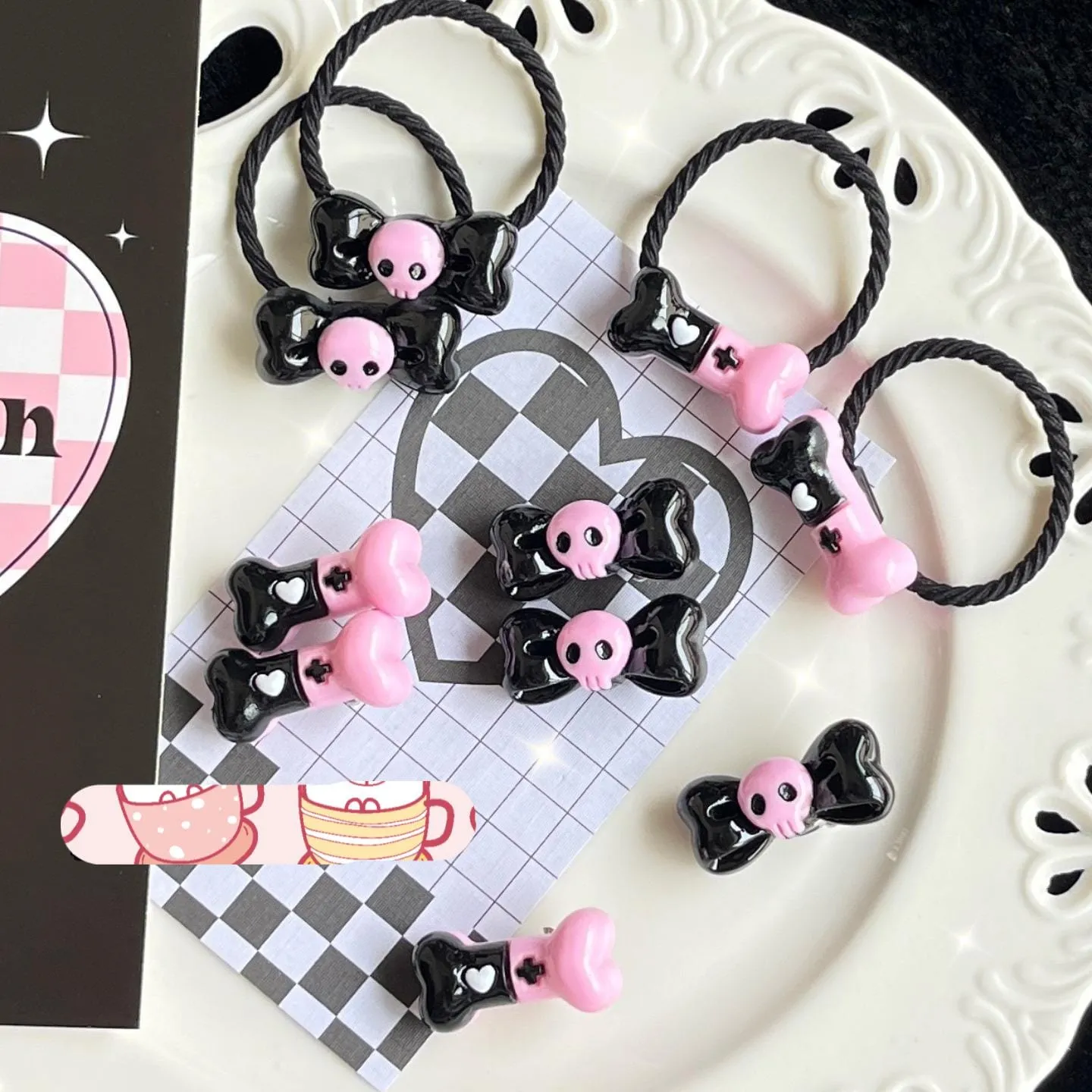 Kawaii 2 Pieces Kuromi Skull Bone Hair Clip Hair Rope Set