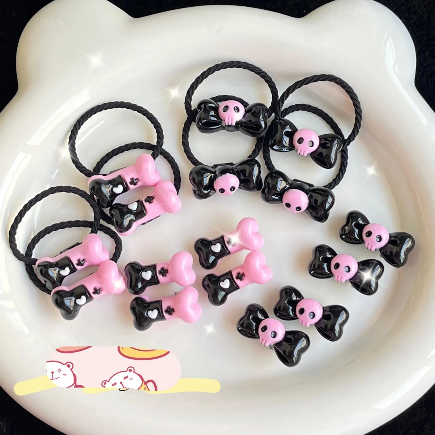 Kawaii 2 Pieces Kuromi Skull Bone Hair Clip Hair Rope Set