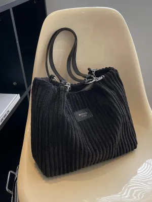 Large-Volume Collage Corduroy Tote Bag Casual Retro Double-Hand Shoulder Bag