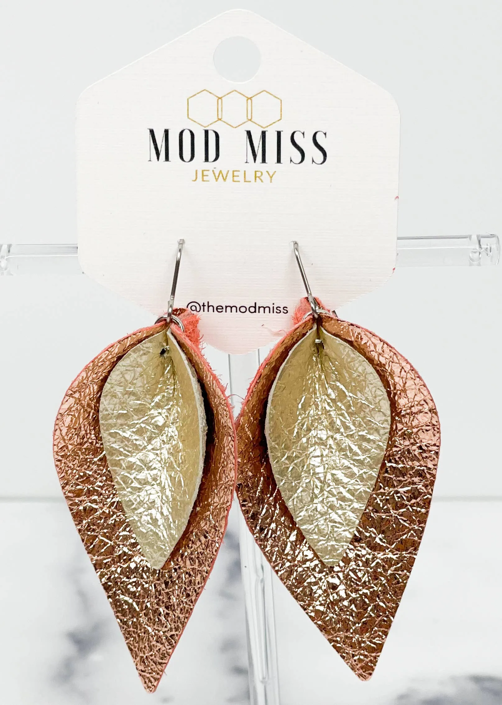 Leather Stacked Petal Earring ''MetRoseGold MetPearl'': Metallic Rose Gold on Metallic Pearl