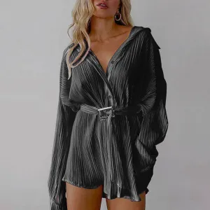 Long Sleeve V-Neck Lace-Up Mini Dress