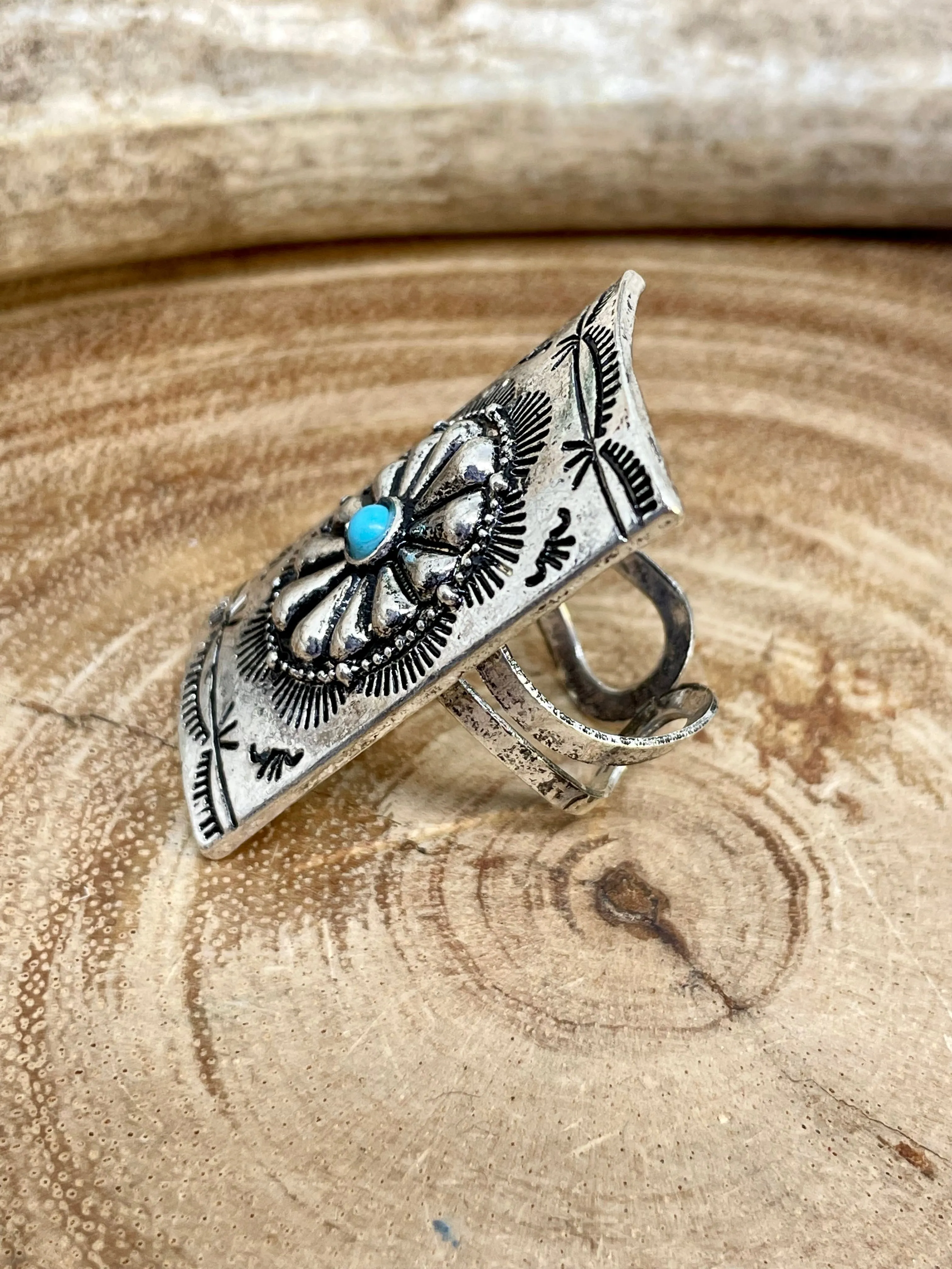 Lorraine Stamped Rectangle With Center Turquoise Fashion Earrings & Ring
