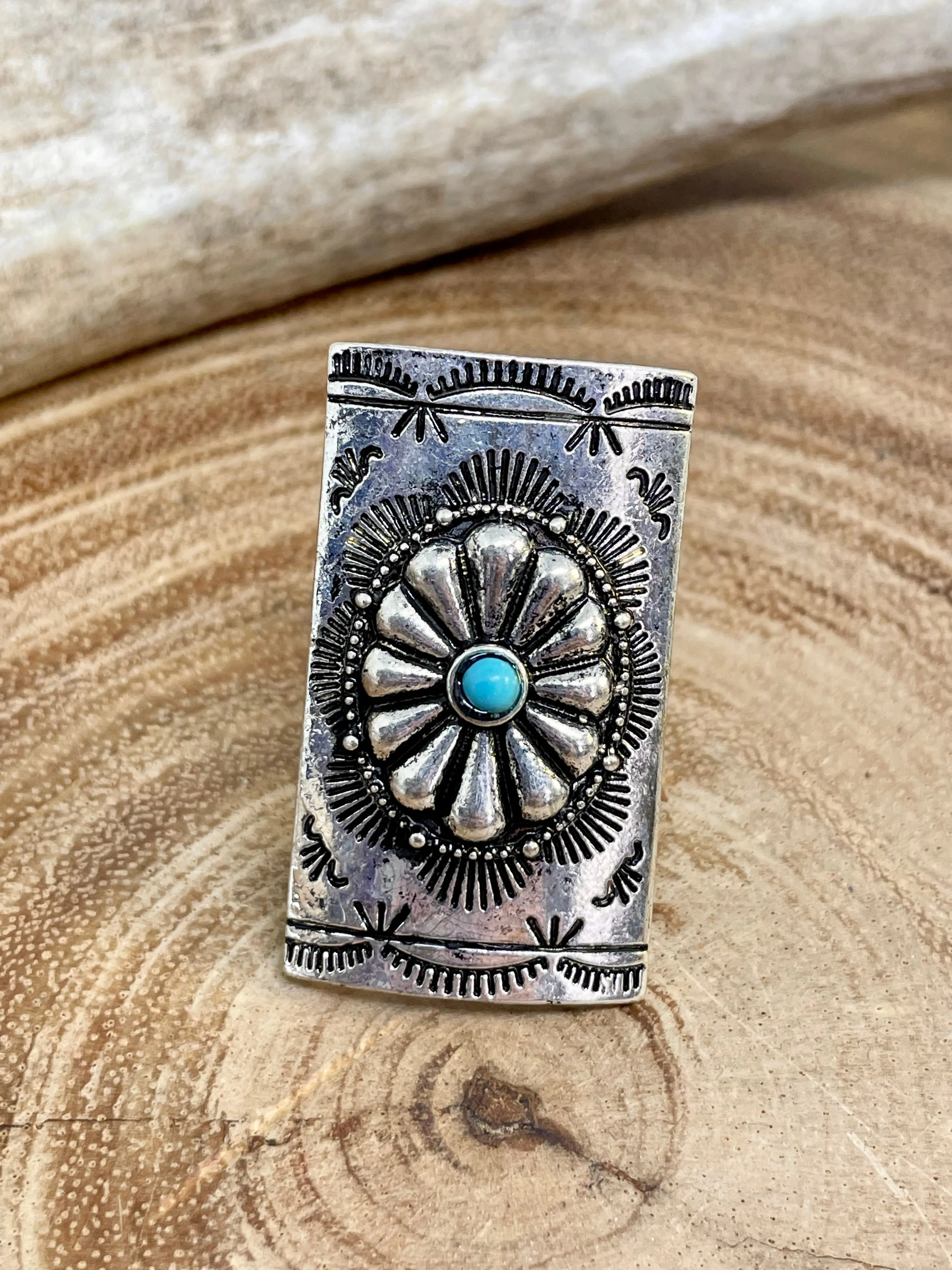 Lorraine Stamped Rectangle With Center Turquoise Fashion Earrings & Ring