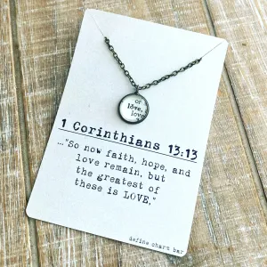 Love Vintage Dictionary Charm Necklace on 1 Corinthians 13:13 Message Card