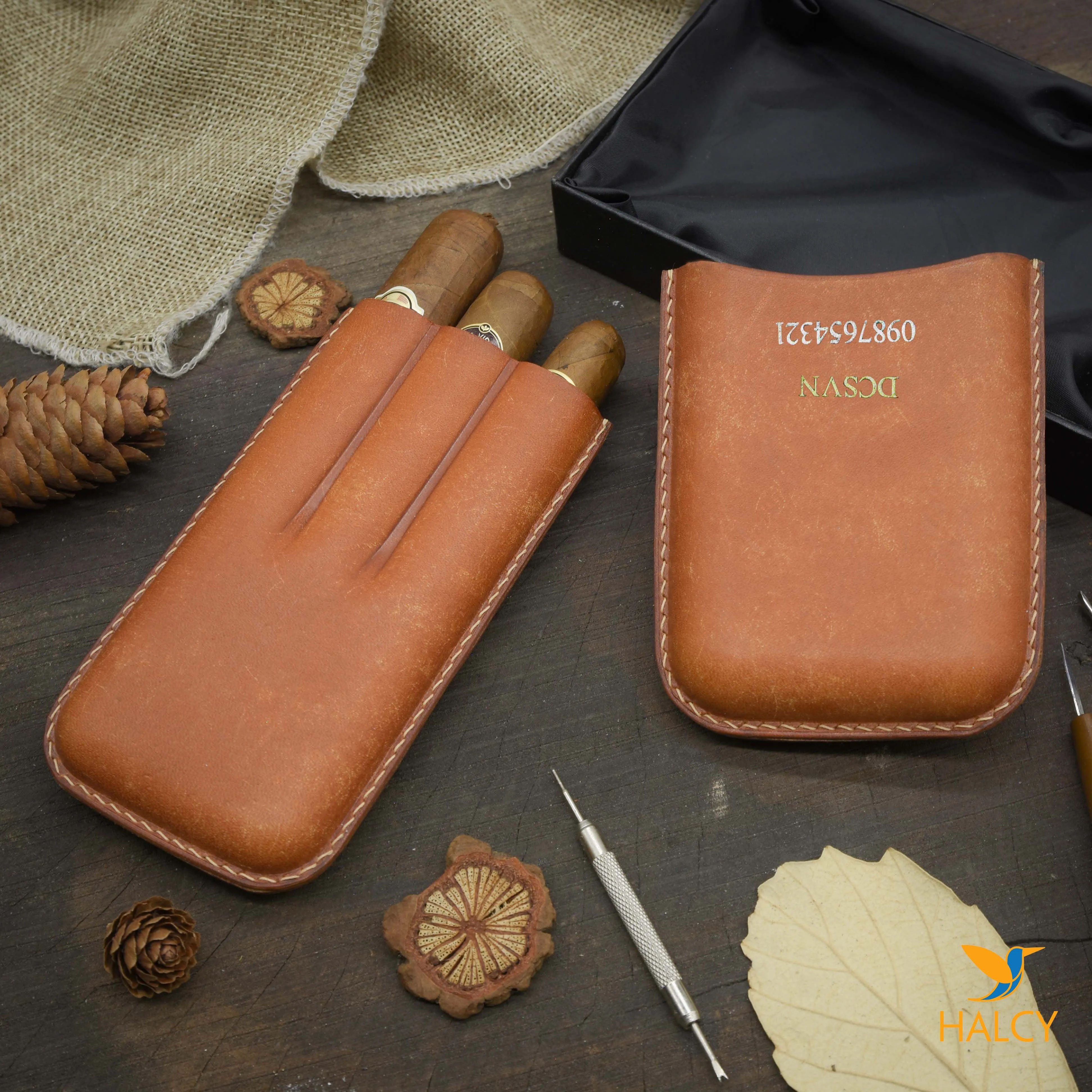 Luxury cigar case, custom cigar cover, personalized leather cigar  case, Triple cigar case, Full Grain Italian Vegetable Tanned Cowhide