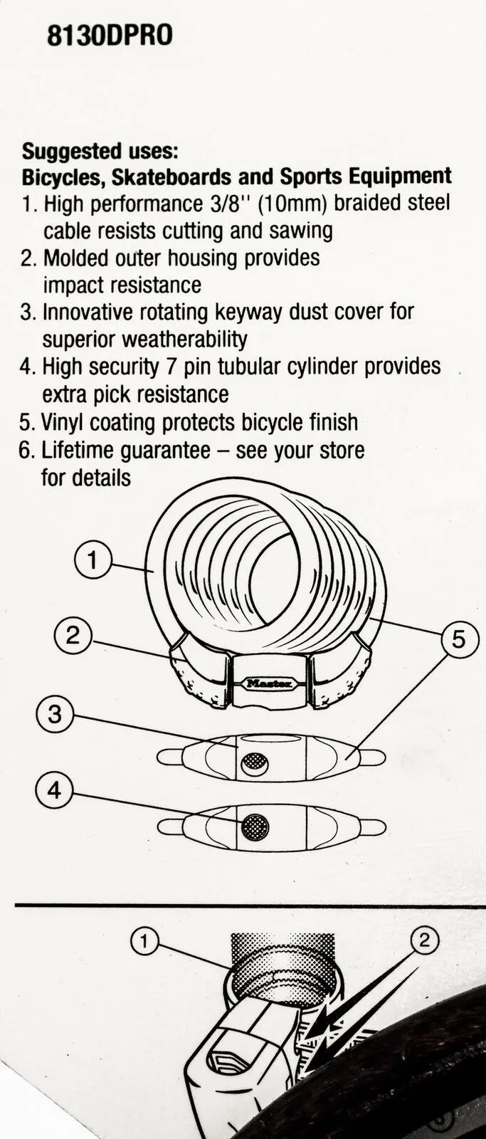MASTER LOCK PRO SPORT 6' Integrated Keyed Cable Lock 10mm Bicycle 2 Keys NEW