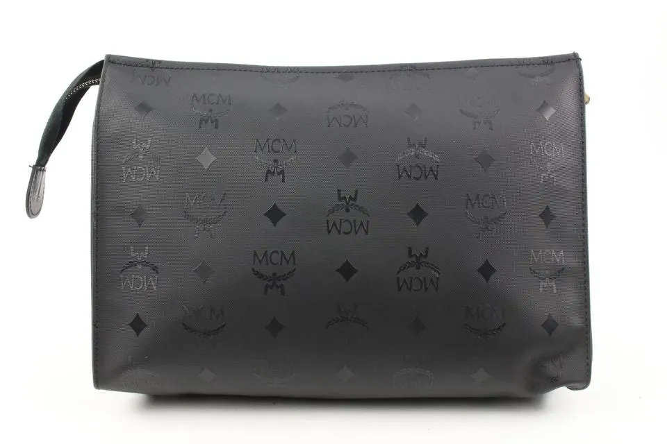 MCM Black Monogram Visetos Logo Toiletry Pouch Make Up Case Clutch 118m35
