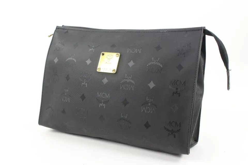 MCM Black Monogram Visetos Logo Toiletry Pouch Make Up Case Clutch 118m35