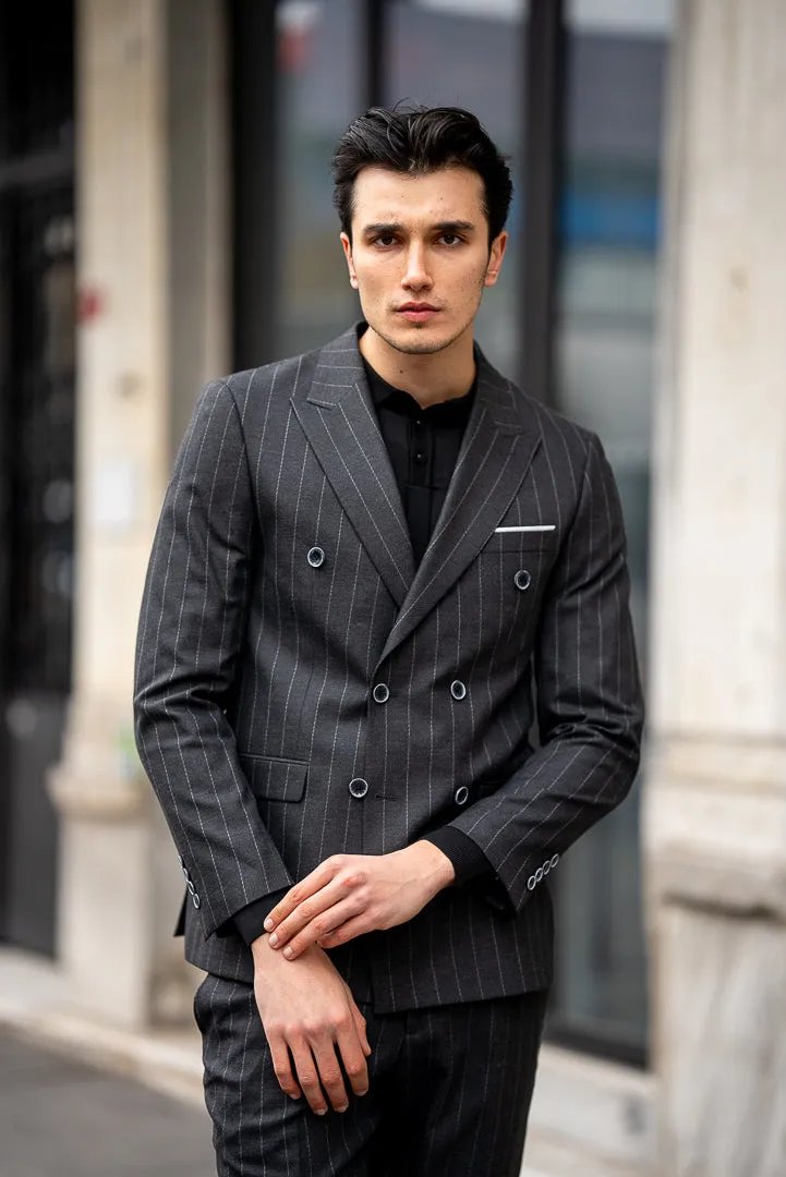 Men's Black Striped Double Breasted Slim Fit Suit