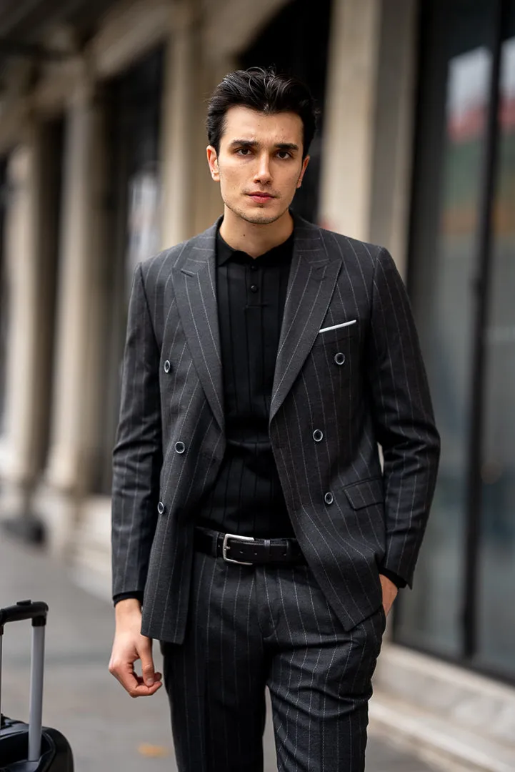 Men's Black Striped Double Breasted Slim Fit Suit