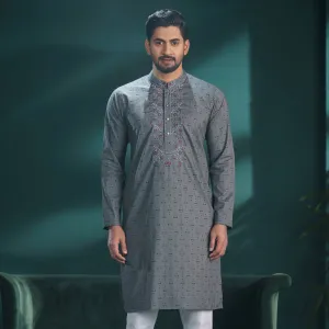 Mens Grey Print & Embroidery Panjabi