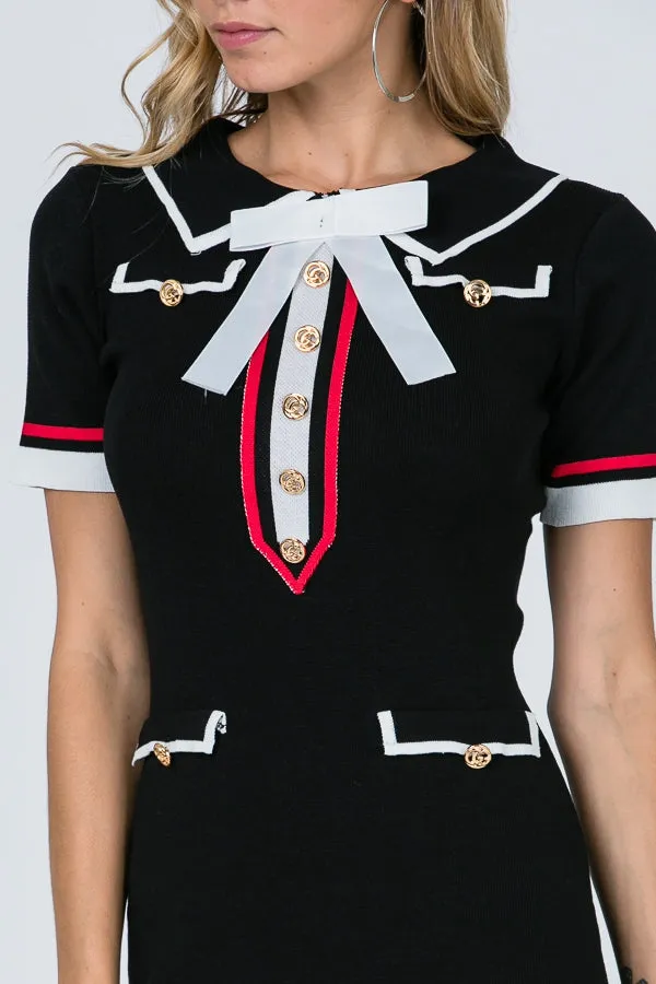 Mini Dress Featuring Collar and Ribbon Accent