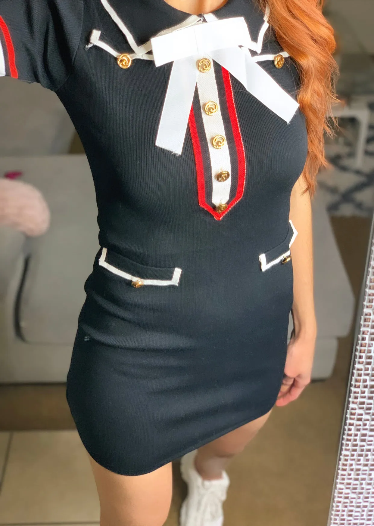 Mini Dress Featuring Collar and Ribbon Accent