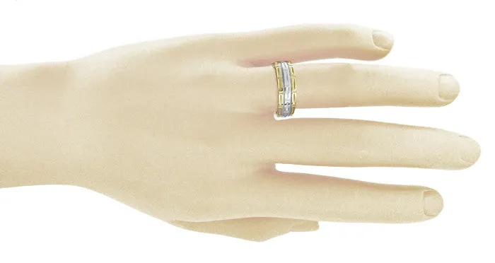 Mixed Metals Carved 1950's Design Geometric Comfortable Fit Wedding Band in Two-Tone 14 Karat White and Yellow Gold - 7mm Wide