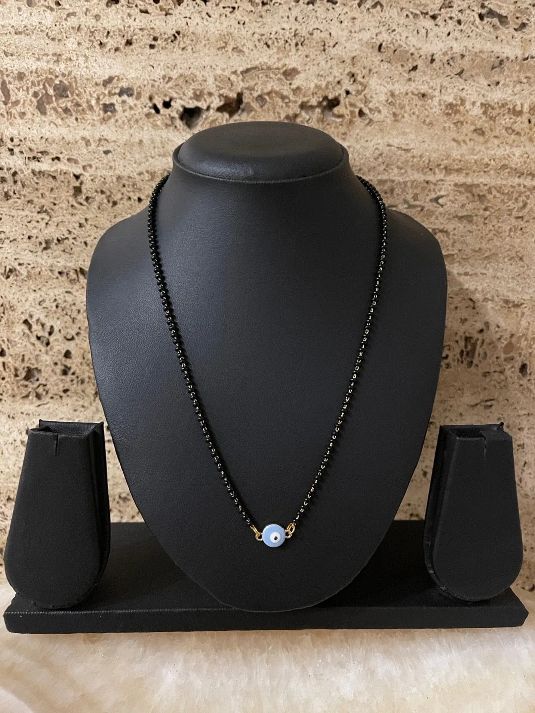 Modern Short Mangalsutra Designs Mini Evil Eye Pendant Simple Black Beads Chain