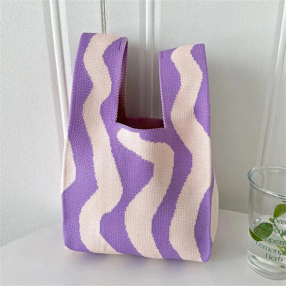 New Stripes Knit Handbags Women Handmade Knot Wrist Bag Casual Small Tote Bag Girls Reusable Shopping Bags