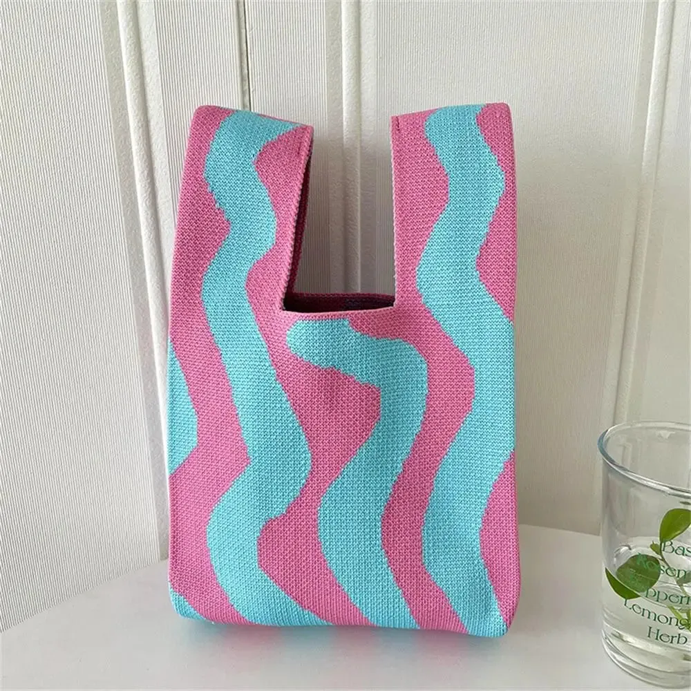 New Stripes Knit Handbags Women Handmade Knot Wrist Bag Casual Small Tote Bag Girls Reusable Shopping Bags