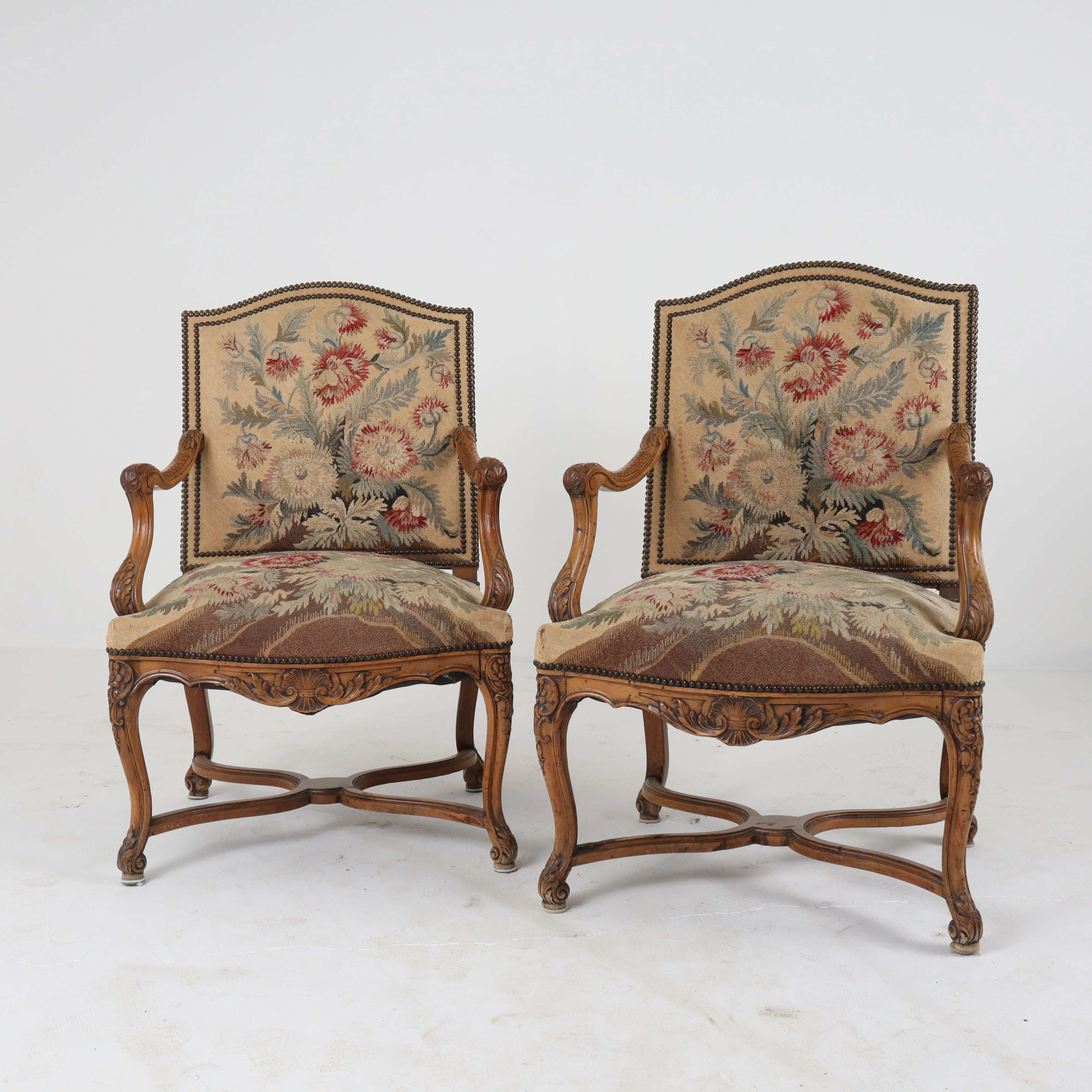 Pair of French Antique Needlepoint Fauteuil Chairs c1850
