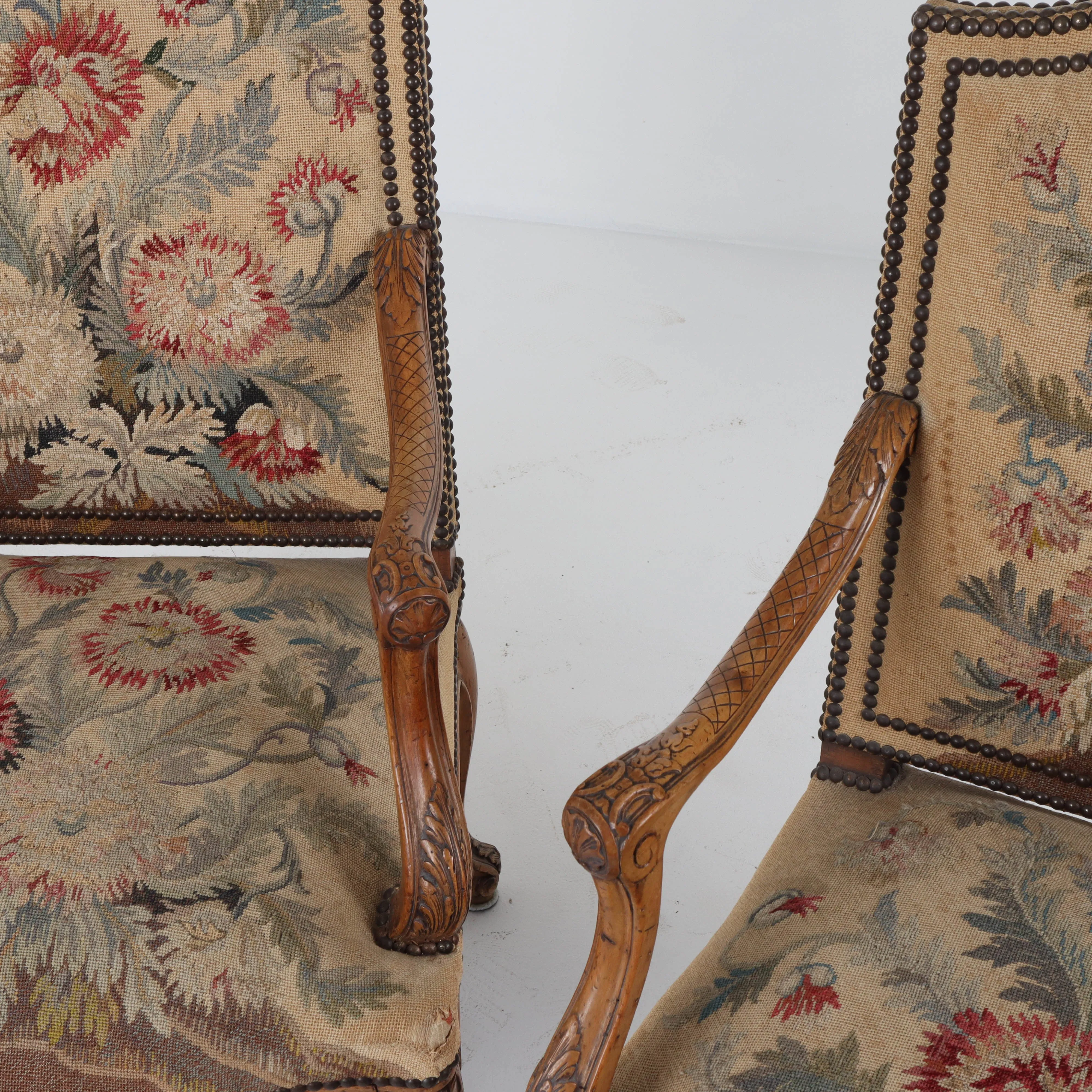 Pair of French Antique Needlepoint Fauteuil Chairs c1850