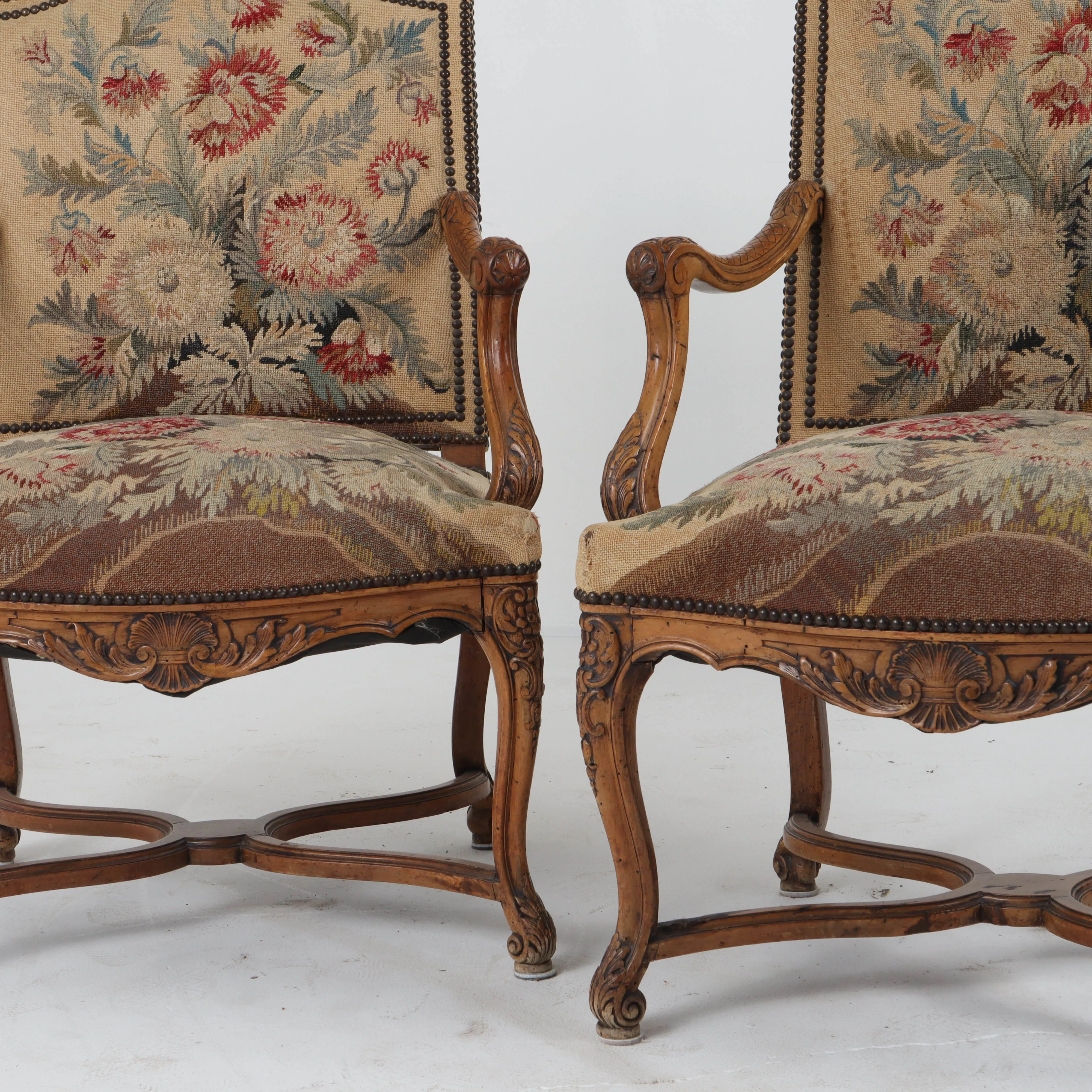 Pair of French Antique Needlepoint Fauteuil Chairs c1850