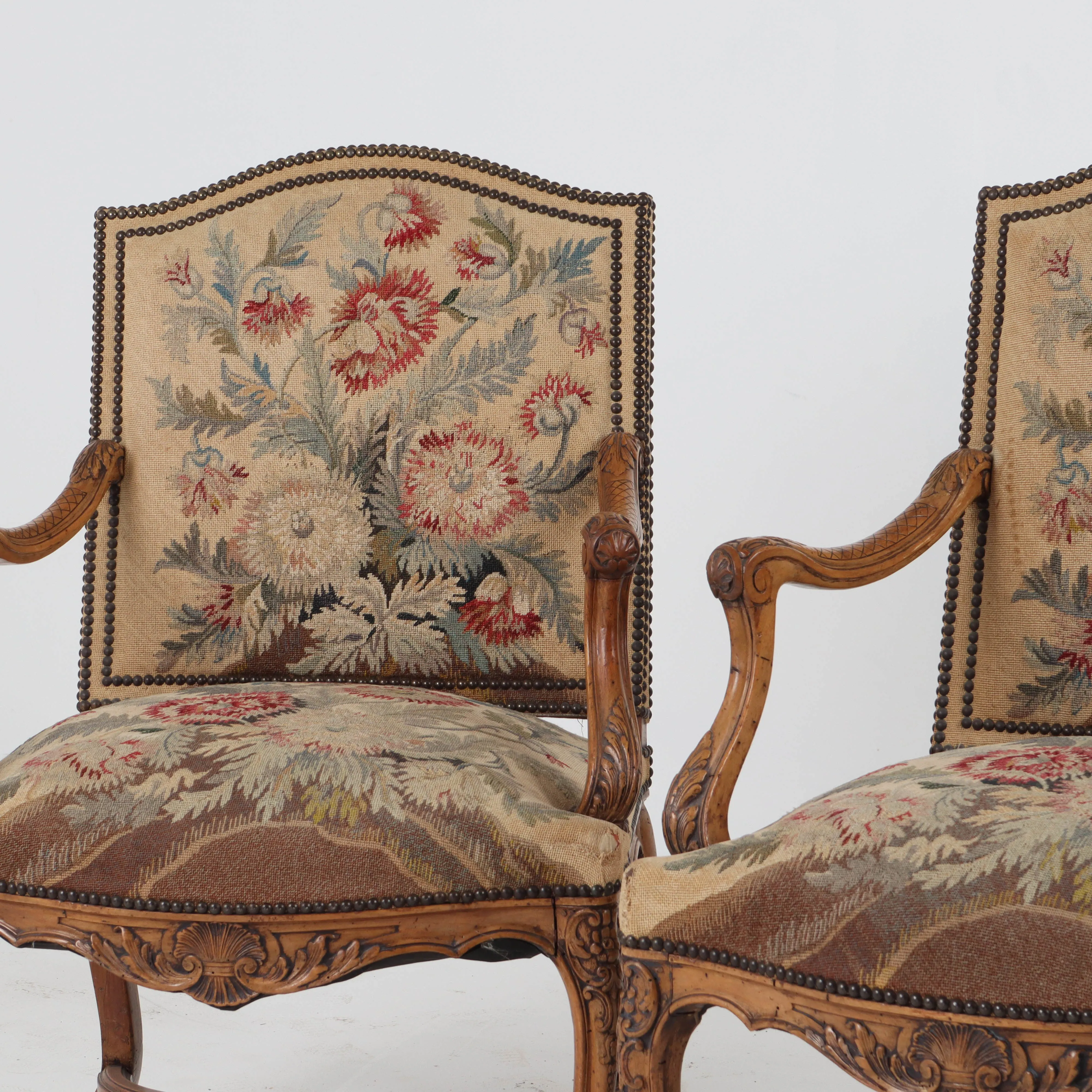 Pair of French Antique Needlepoint Fauteuil Chairs c1850
