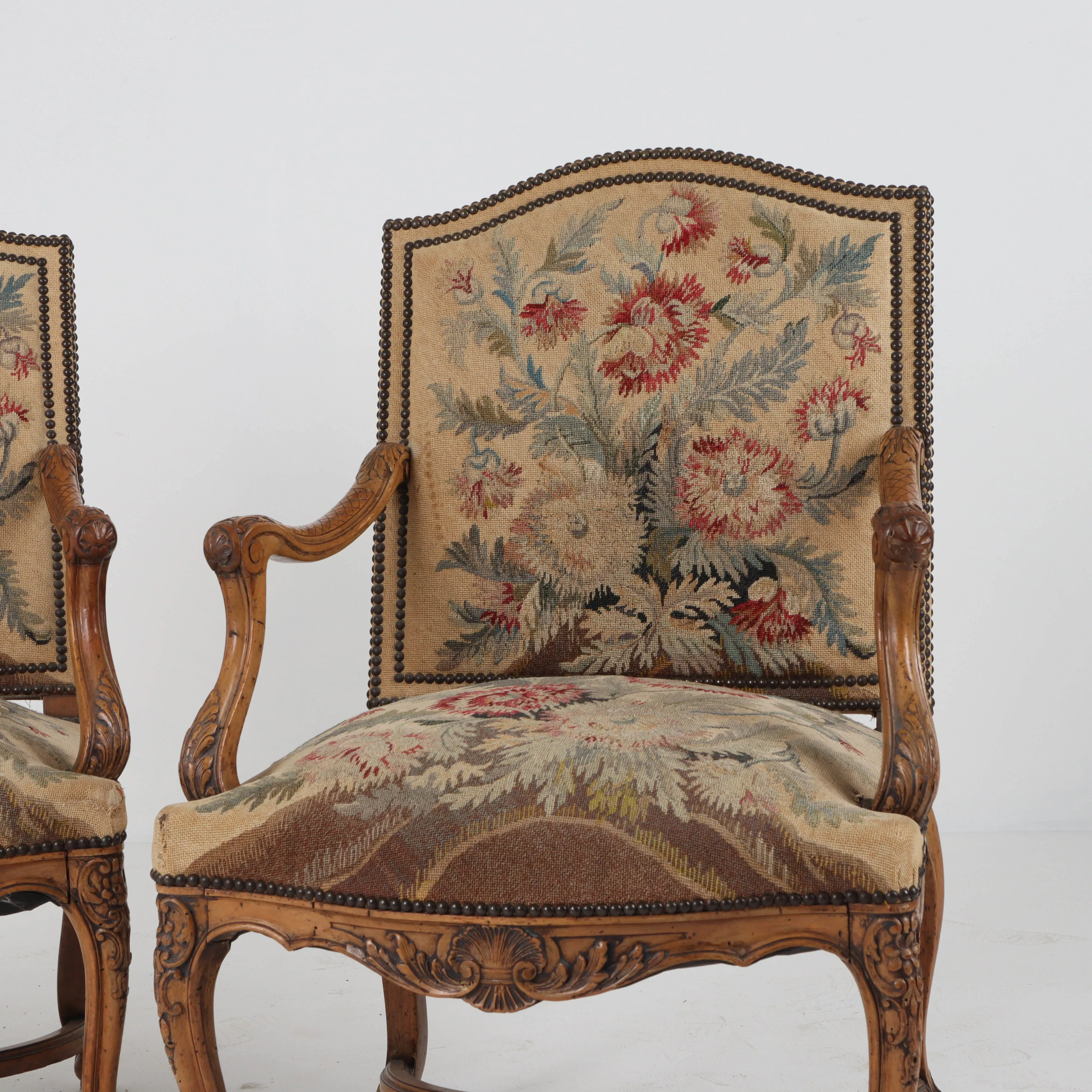 Pair of French Antique Needlepoint Fauteuil Chairs c1850